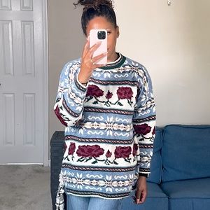 Vintage Intarsia Knit Floral Nordic Tunic Sweater Large USA